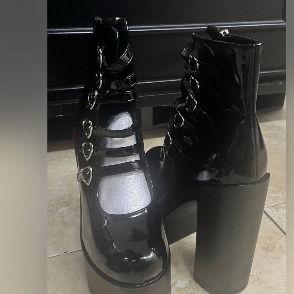 Black Platform Ankle Boots with Heart Buckles - Picture 2 of 7